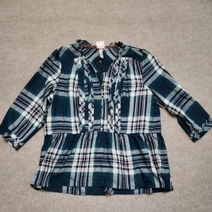 Knox Rose Plaid Top Womens XXL Green 3/4 Sleeve Popover Blouse Bohemian